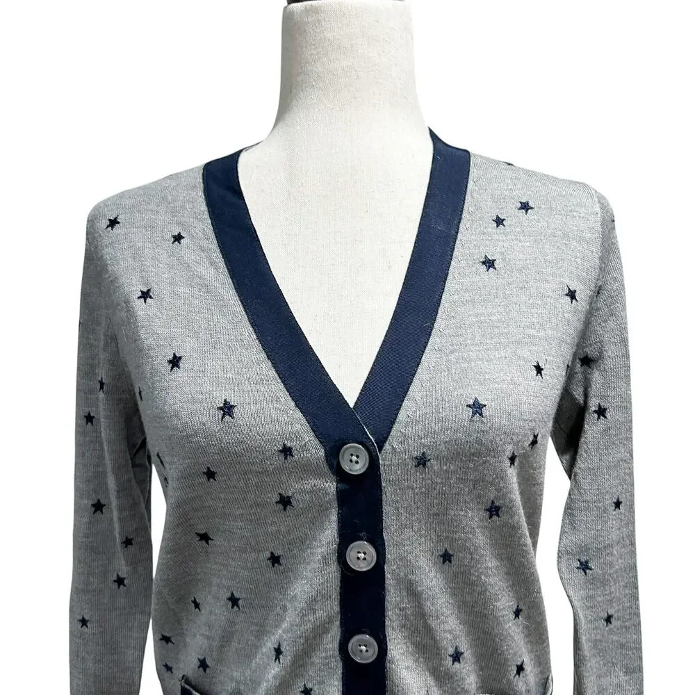 J.Crew Cardigan Small Harlow Star Blue Cardigan Merino Wool Blend Pocket Sweater